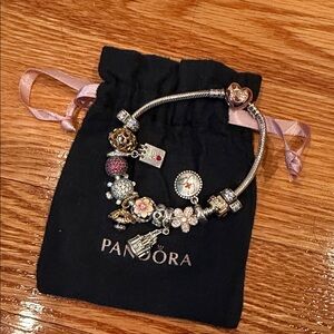 Pandora Silver Bracelet with Pink, Rose Gold and Gold Charms